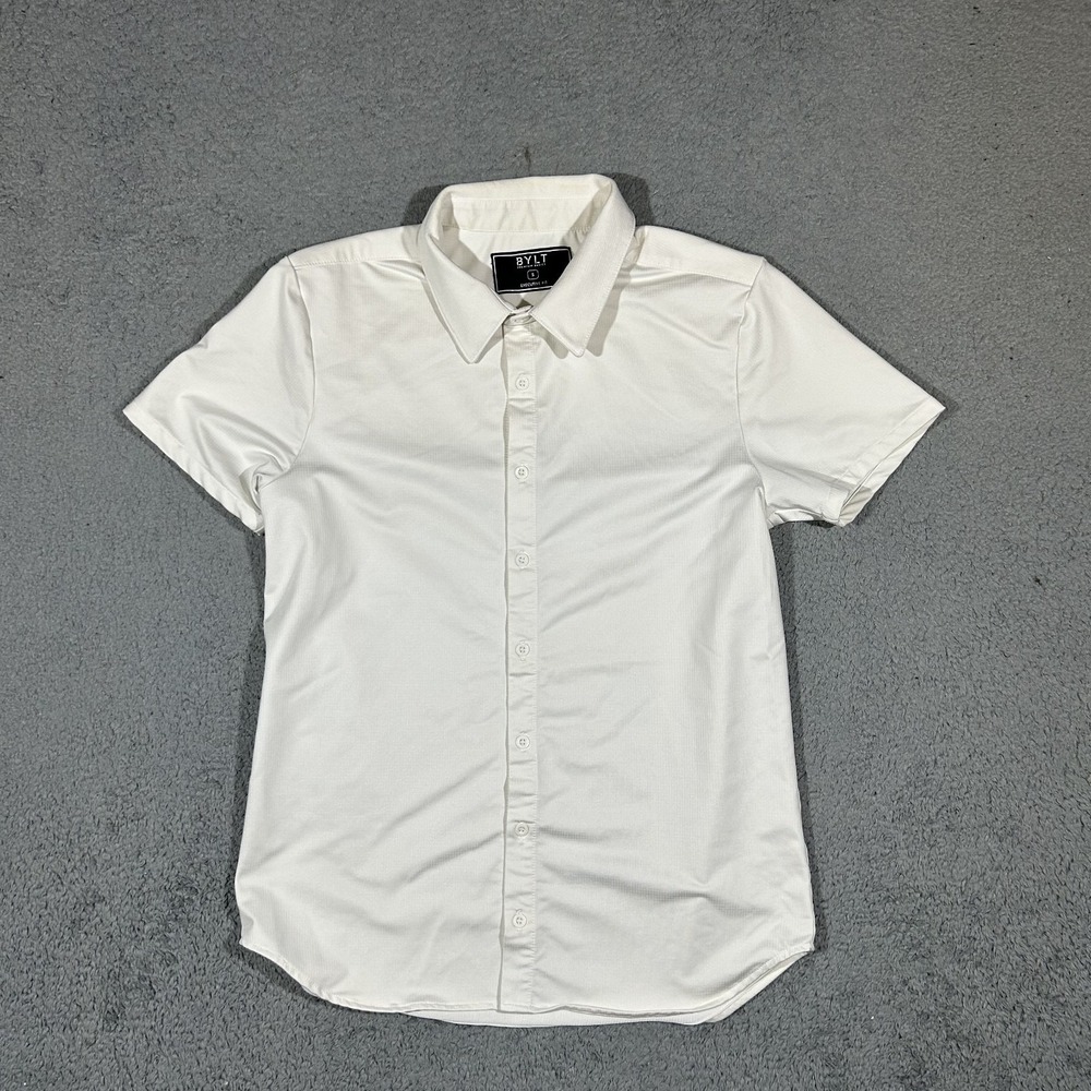 BYLT Premium Basics Lux Short Sleeve Button Down Shirt White Mens Small #3936